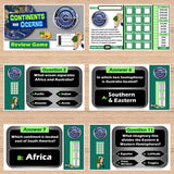 Educational game components including question cards and answer sheets on a wooden surface.