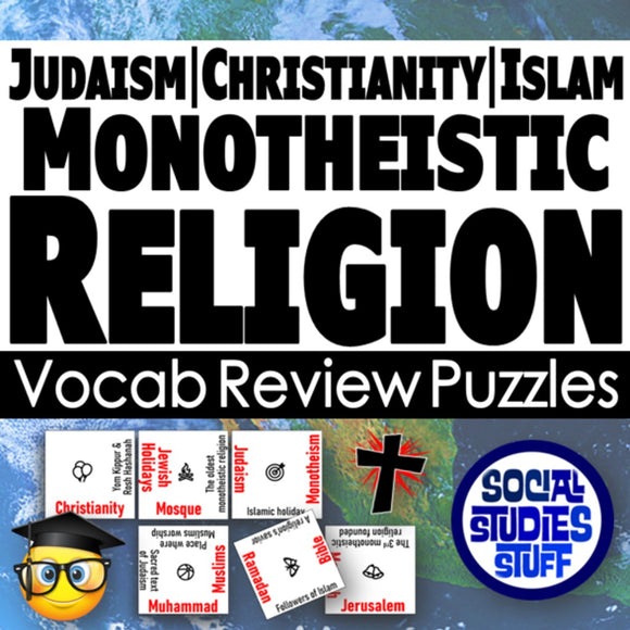Vocabulary review puzzles for Judaism, Christianity, and Islam with religious symbols and text on a blue and white background.