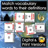 Vocabulary cards with religious terms and definitions on a world map background