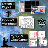 Educational materials with digital, worksheet, and class game options on a world map background.