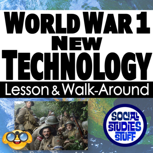 Title card for a World War 1 lesson on new technology with soldiers and a map, featuring the Social Studies Stuff logo.