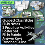 Educational materials for World War I with slides, notes, activities, and a plane illustration.