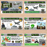 Educational materials on World War I with various graphics and text on a wooden surface.