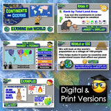 Educational content on continents, oceans, world wealth ranking, and population statistics with a digital and print versions label.