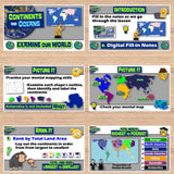 Educational posters on continents and oceans with maps and text on a wooden surface.