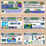 Educational posters on a wooden surface with various educational content.