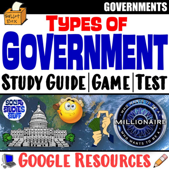 Evaluate Types of Government Study Guide, Review Game, Test Google Lesson Resources