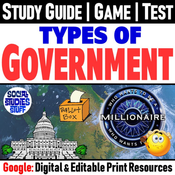 Evaluate Types of Government Study Guide, Review Game, Test Google Lesson Resources