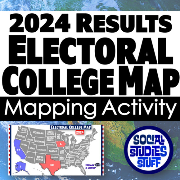 Electoral College Map activity for 2024 with a map of the United States and text about Social Studies Stuff.