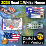 Promotional graphic for '2024 Road to the White House' with election elements and digital/print versions text.
