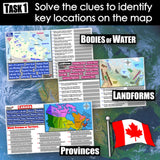 Educational materials about bodies of water, landforms, and provinces with a Canadian flag.