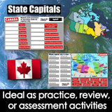 Educational material on Canadian geography and state capitals with a map and flag.